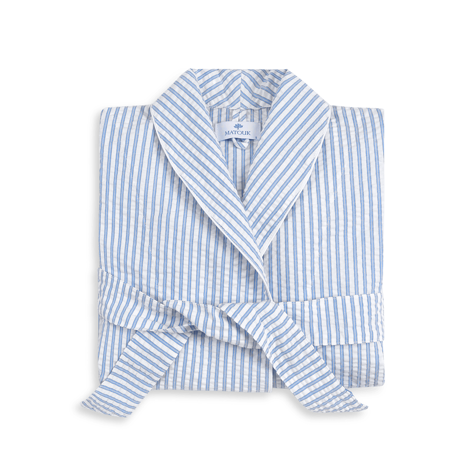 Blue and white striped robe neatly folded with a tied belt and collar.