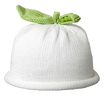 White knitted hat with a green leaf and pod design on top.