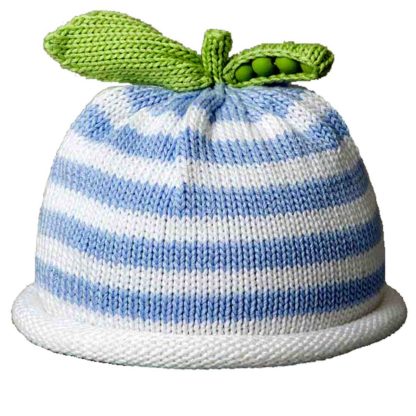 Knitted hat with blue and white stripes, topped with a green leaf and pea design.