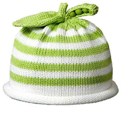 Green and white striped knit hat with a leaf and pea pod design on top.