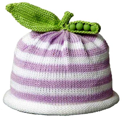 Knitted hat with lavender and white stripes, topped with green leaves and pea-like embellishments.