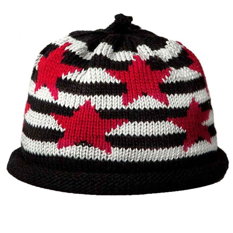 Knit hat featuring red stars on black and white striped pattern.