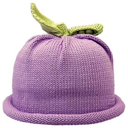 Lavender knitted hat with a green leaf design on top.