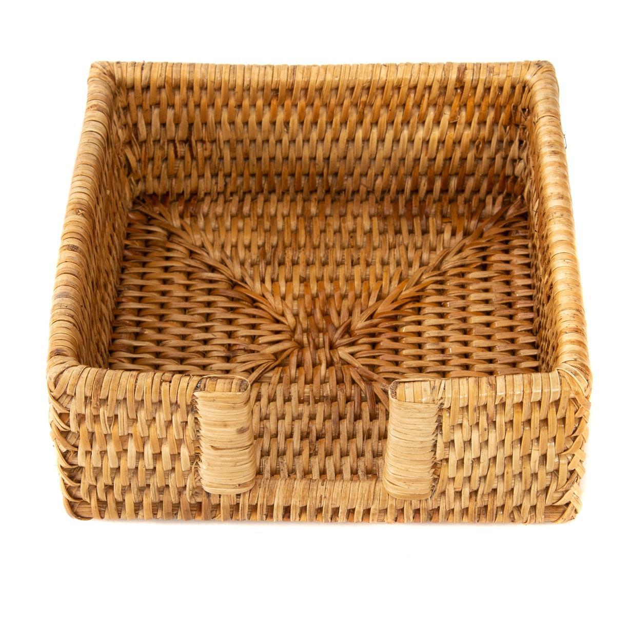 Square woven basket with open top and decorative pattern on the bottom.