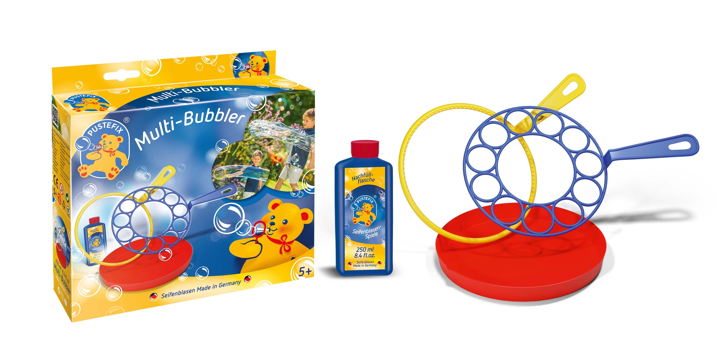 A bubble-making kit featuring a red base, blue and yellow wands, and bubble solution bottle.