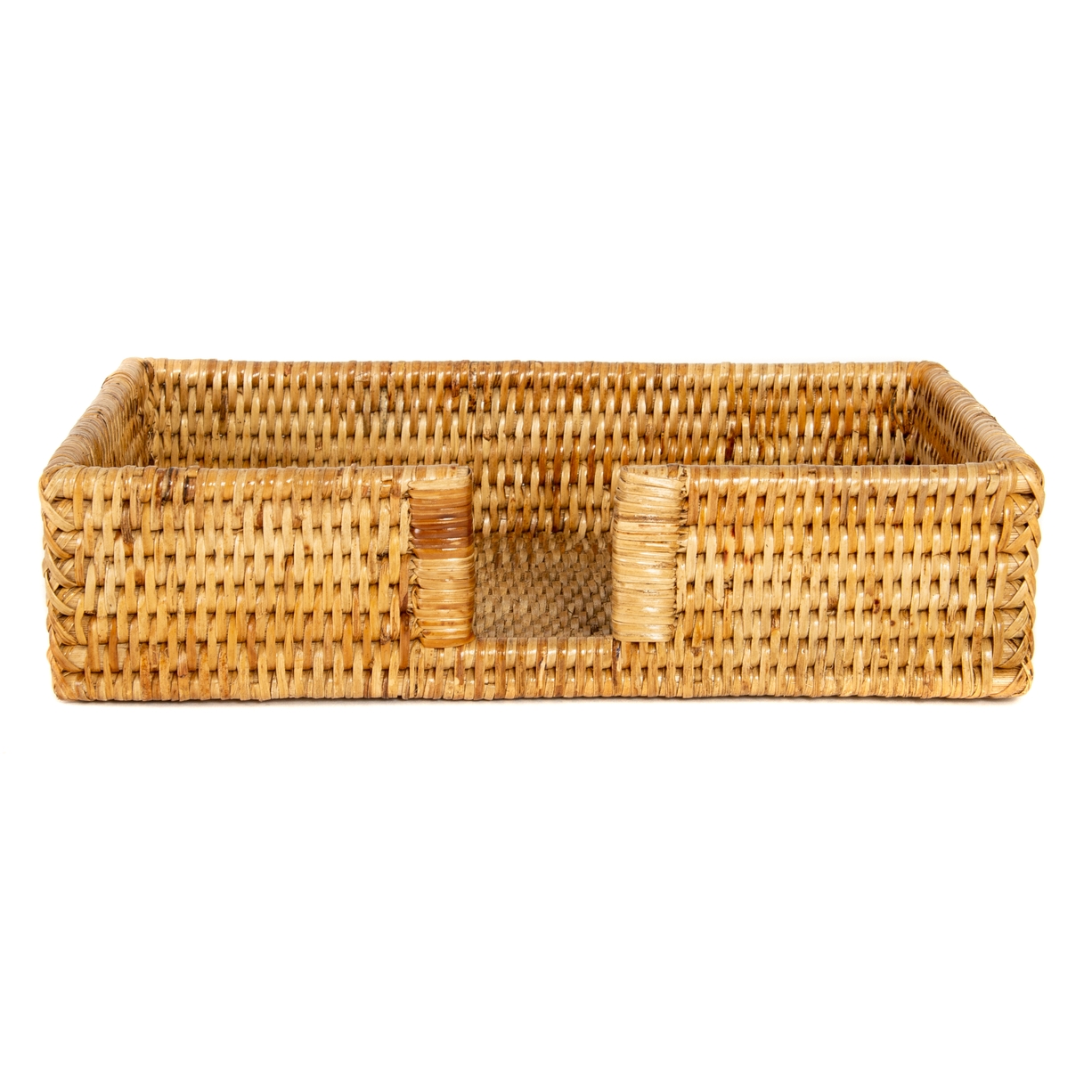 Woven rectangular basket with open handles, made of natural materials.
