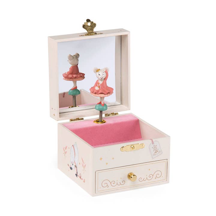 A decorative music box with a mirror, featuring two dancing animal figurines and a pink interior.