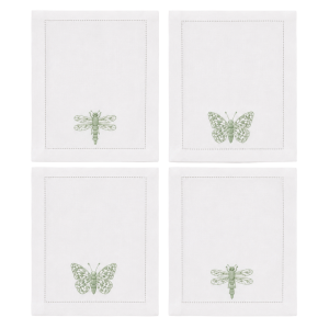 Lin de Château Dragonfly & Butterfly Cocktail Napkins – White/Green – Set of 4