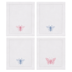 Lin de Château Bee & Butterfly Cocktail Napkins – White/Pink & Blue – Set of 4