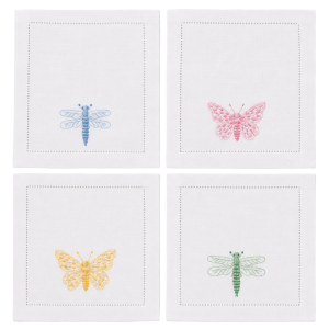 Lin de Château Butterfly & Dragonfly Cocktail Napkins – White/Multi – Set of 4