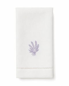 Lin de Château white linen guest towel with hand-embroidered lavender flowers