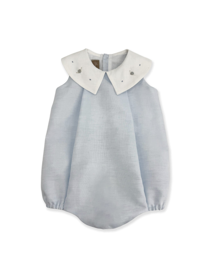 La Stupenderia Blue Linen Romper with Embroidery